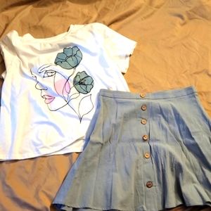 💙Floral Shirt and skirt set with woman's face. Womens plus size XL